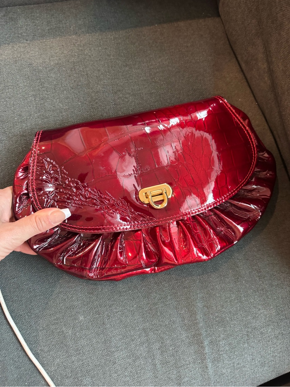 Beautiful Patent Ruffle Flap Clutch or chain bag - Red and gold